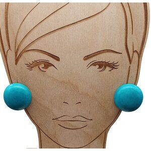 Vintage Teal Button Stud Earrings Minimalist 1980s Style Lightweight Wooden